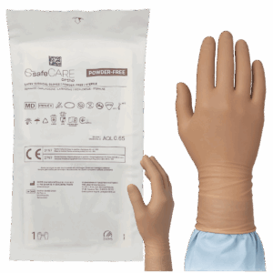 Rękawiczki lateksowe sterylne bezpudrowe brązowe 1 para safeCARE Zarys